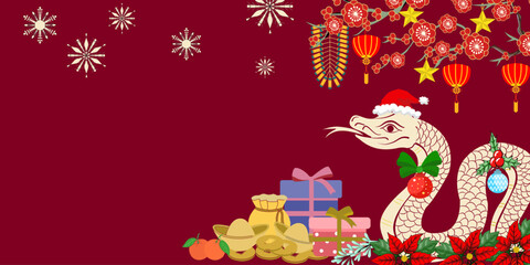 Merry christmas and happy new year decorated with golden snake wearing a red hat and others on red background.