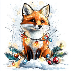 Snowy Christmas fox Surrounded by Christmas lights, clipart