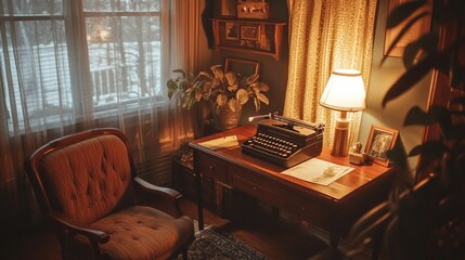 Vintage-inspired study nook with retro furniture, typewriter, soft lighting, warm tones, and...