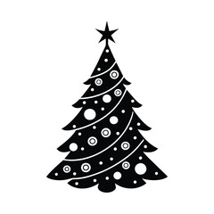 Silhouette of a Christmas tree with branches adorned with ornaments and a shining star on top.