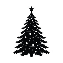 Silhouette of a Christmas tree with branches adorned with ornaments and a shining star on top.