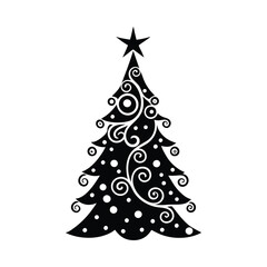 Silhouette of a Christmas tree with branches adorned with ornaments and a shining star on top.