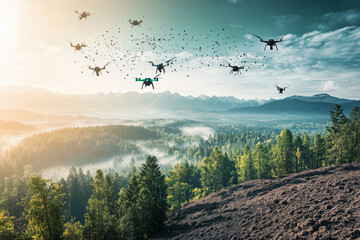 Obraz premium A reforestation effort with drones flying overhead, dropping seeds over a vast deforested area, futuristic technology meeting nature.
