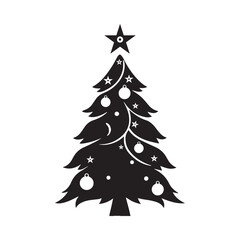 Silhouette of a Christmas tree with branches adorned with ornaments and a shining star on top.