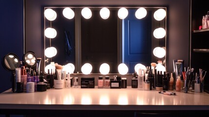 Vanity Table with Illuminated Mirror and Cosmetics