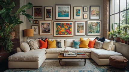 Cozy living room with art and plants.