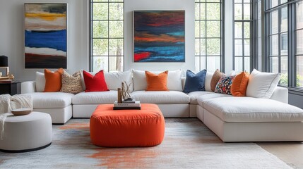 Modern living room with colorful decor and seating.