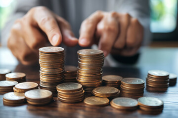 Businessman hand putting coin to money, business and finance concept.