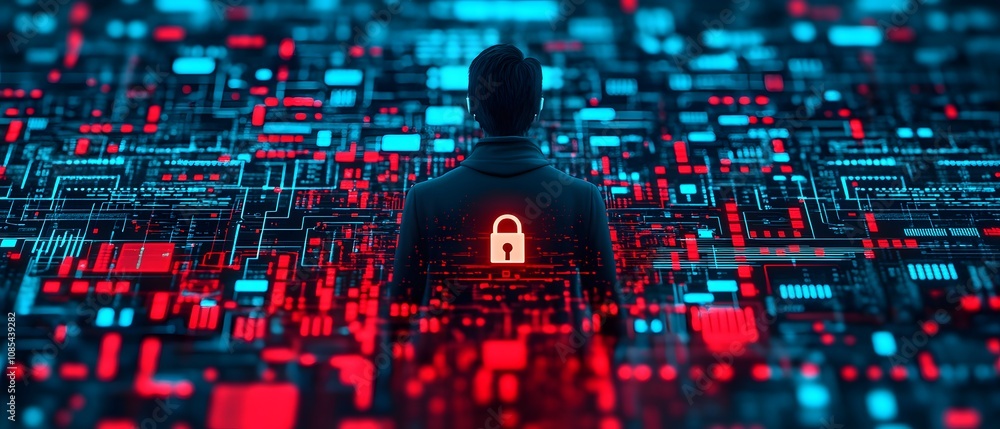 Poster silhouette of a person facing abstract digital data with lock symbol, representing cyber security, t