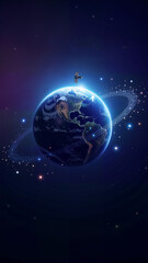 Obraz premium A captivating illustration of Earth with a satellite orbiting in a starry space background. Suitable for educational materials, science projects, and technology presentations, copy space