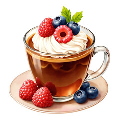 Watercolor illustration of a Japanese Coffee Jelly with Berries on a transparent background, PNG file. PNG element. Suitable for artwork design.