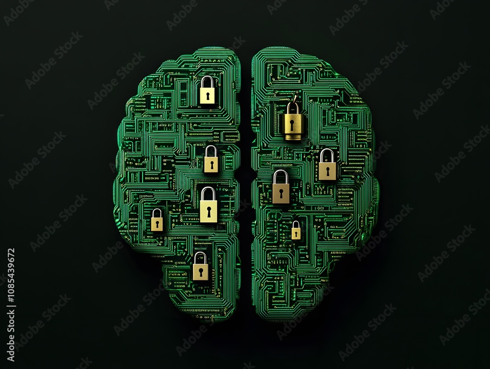 Leinwandbilder Intricate Digital Brain Design with Circuit Patterns and Security Locks Representing Cybersecurity and Data Protection Concepts