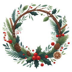 Fototapeta premium A classic Christmas wreath in watercolor, with a rich palette of red berries, and green foliage.