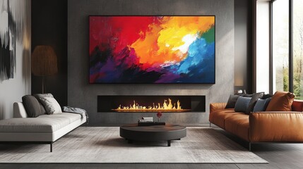 Modern living room with vibrant artwork and fireplace.
