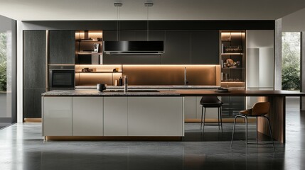 Modern Kitchen with Sleek Design and Warm Lighting