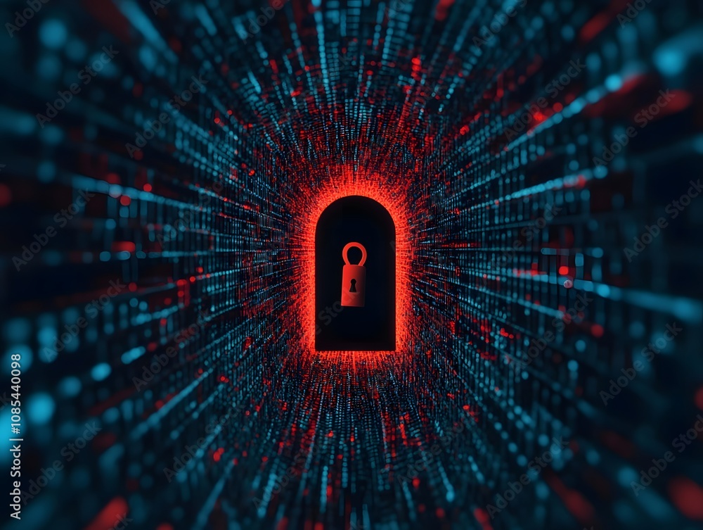 Aufkleber Abstract representation of a digital security concept featuring a keyhole surrounded by glowing data streams, symbolizing cybersecurity and information protection in a technological landscape.