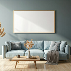 A blank mockup frame in a serene and stylish living room with a focus on a calming blue color palette.