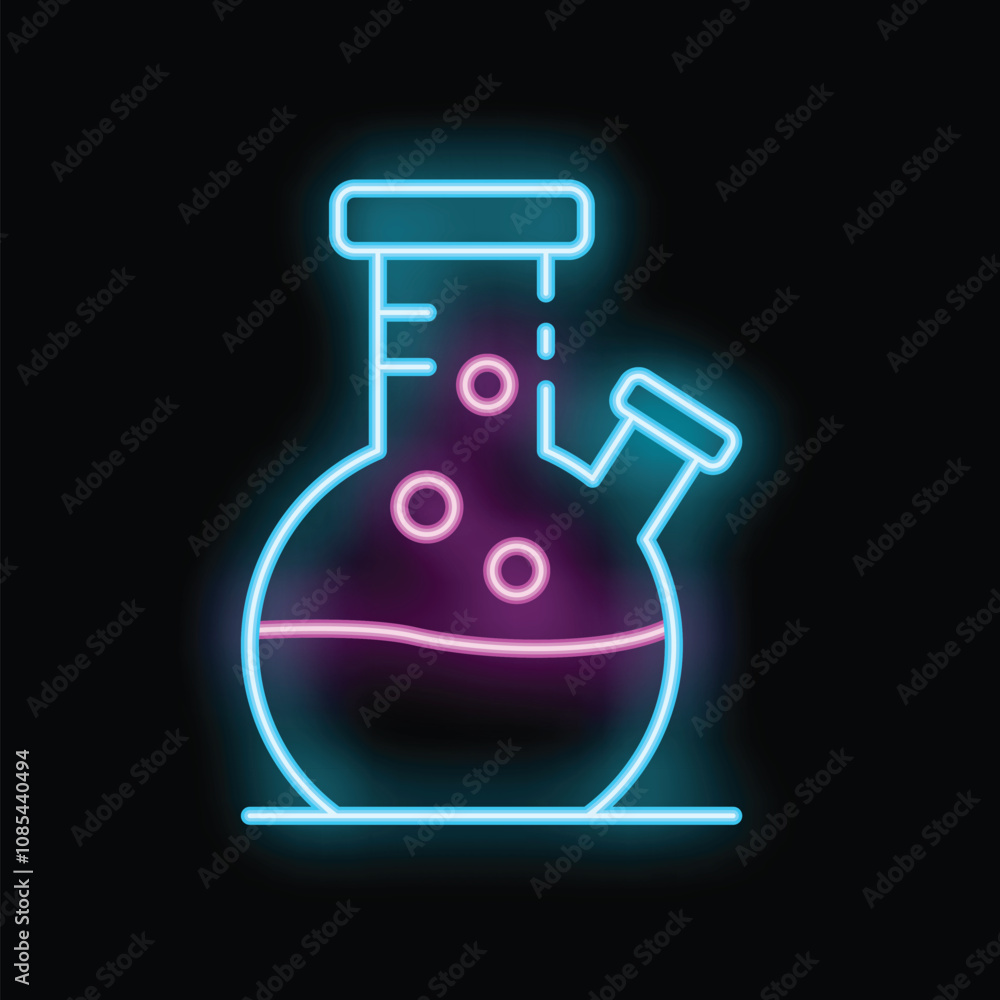 Poster neon glowing icon of a round bottom flask used for chemical experiments