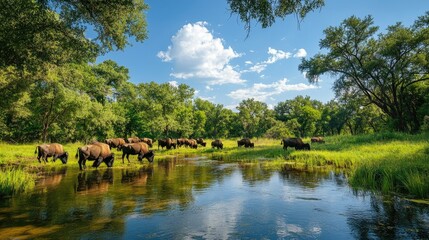 Herd of bison grazing near a shallow stream, with the water reflecting the blue sky and lush greenery in a serene natural setting