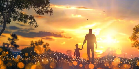 Obraz premium Father and Son Silhouette at Sunset: A Bond of Love and Hope