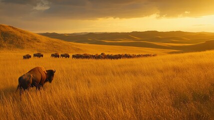 Obraz premium Herd of bison trekking through tall, golden prairie grass, illuminated by the warm light of sunset, with hills and a wide sky beyond
