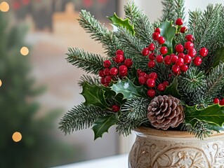 Creating a Festive Holiday Arrangement of Pine Branches and Holly in a Cozy Indoor Setting to Brighten Your Home