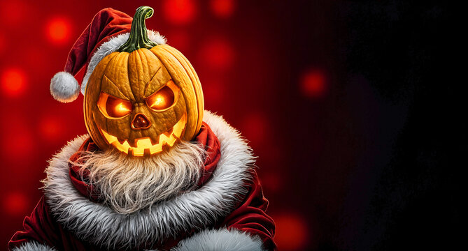 Jack-O-Santa, Festive Halloween Fusion. Captivating image showcases a unique blend of Halloween and Christmas traditions, with copyspace to champ the Santa look in a Seasonal Celebration.
