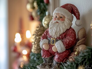 Obraz premium Santa Figurine Sitting Mantle Festive Holiday Decor Warm Cozy Environment Close-up of Christmas Spirit