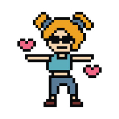 Obraz premium Cute cartoon pixel character cute woman exercises training dance lifestyle music decoration life style 8 bit female girl dance with music game fitness isolated PNG vector.