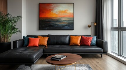 Modern living room with stylish decor and artwork.