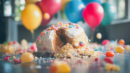 A broken and damaged cake with smudged frosting and pieces crumbling off on a table with colorful balloons on background. Unfortunate or ruined birthday celebration
