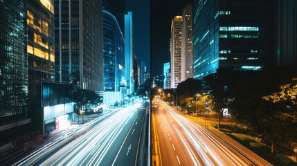 Naklejka premium busy street with light trails from passing the cars from two different perspective, shot at night, side-by-side comparison 