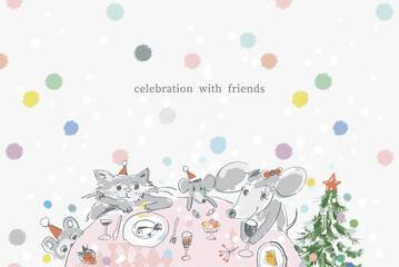 Art poster. Animals are sitting at the  table and celebrating new year and  Christmas. Friends, kids, feast, holiday, snowfall. Vector
