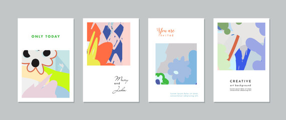 Collection of creative universal floral  artistic cards, posters, covers, backgrounds. Hand Drawn textures