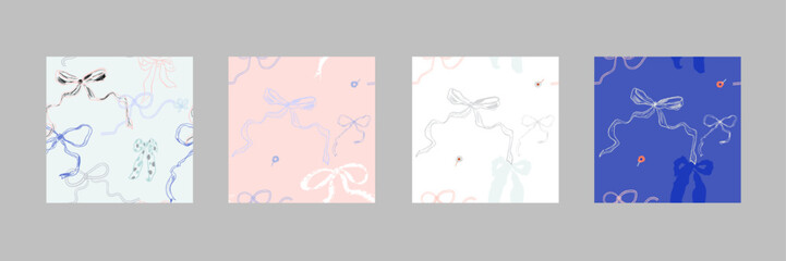 Trendy hand drawn seamless patterns with ribbons and bows. Vector