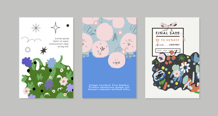 Obraz premium Collection of creative floral artistic cards. Hand Drawn textures. Trendy Graphic Design for banner, poster, card, cover, invitation, placard, brochure, flyer. Vector