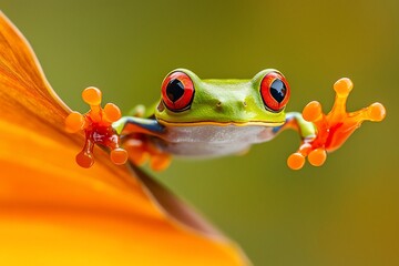 Naklejka premium Vibrant Red-Eyed Tree Frog Perched on a Tropical Leaf