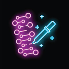 Neon glowing icon of a pipette dropping liquid on a dna structure, representing genetic engineering