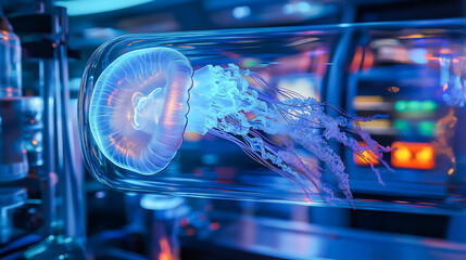 A jellyfish specimen floating inside a glass tube for experimental research in a modern laboratory. Animal testing concept