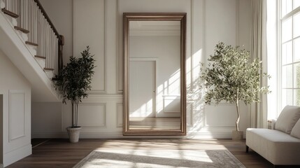 Elegant interior with a large mirror and greenery.