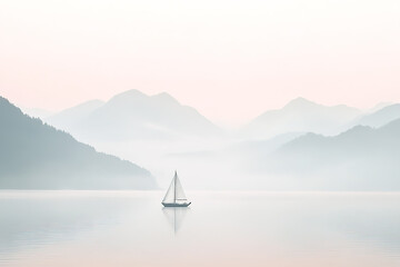 Illustration of a Solitary Boat in Minimalist Chinese Landscape