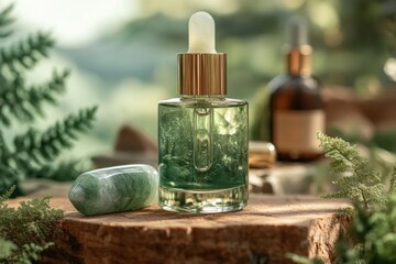 Green serum bottle with crystal in natural setting.