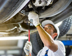 Mechanik naprawia samochód na podnośniku w warsztacie samochodowym 