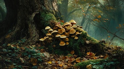 Obraz premium Mushroom cluster growing from a damp, mossy tree trunk, surrounded by fallen leaves and underbrush in a shaded forest