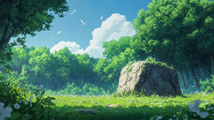 A serene forest landscape featuring lush greenery and a large rock during a clear daytime sky