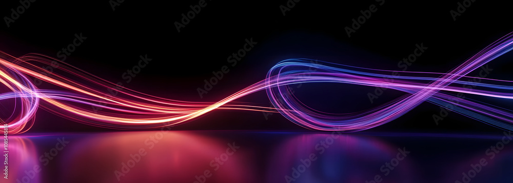 Aufkleber 3d render. abstract panoramic background of twisted dynamic neon lines glowing in the dark room with
