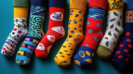 Colorful socks displayed in a vibrant arrangement.