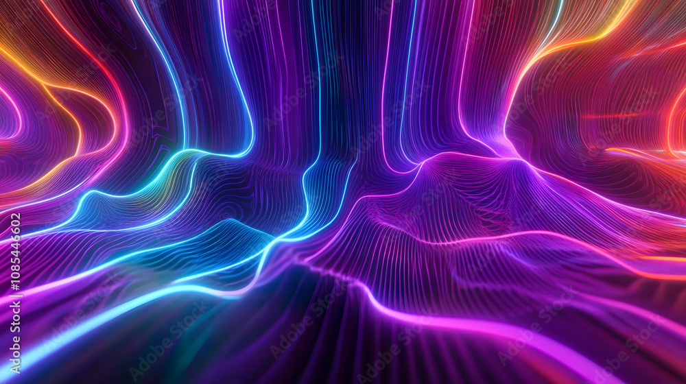 Poster cycled 3d animation. abstract background with ascending colorful neon lines, glowing trails