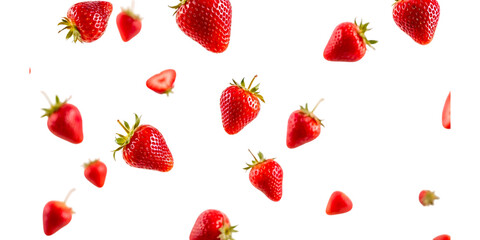 Strawberries are scattered floating in the air on a transparent background. Strawberry background
