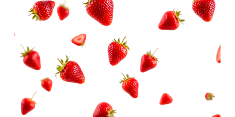 Strawberries are scattered floating in the air on a transparent background. Strawberry background